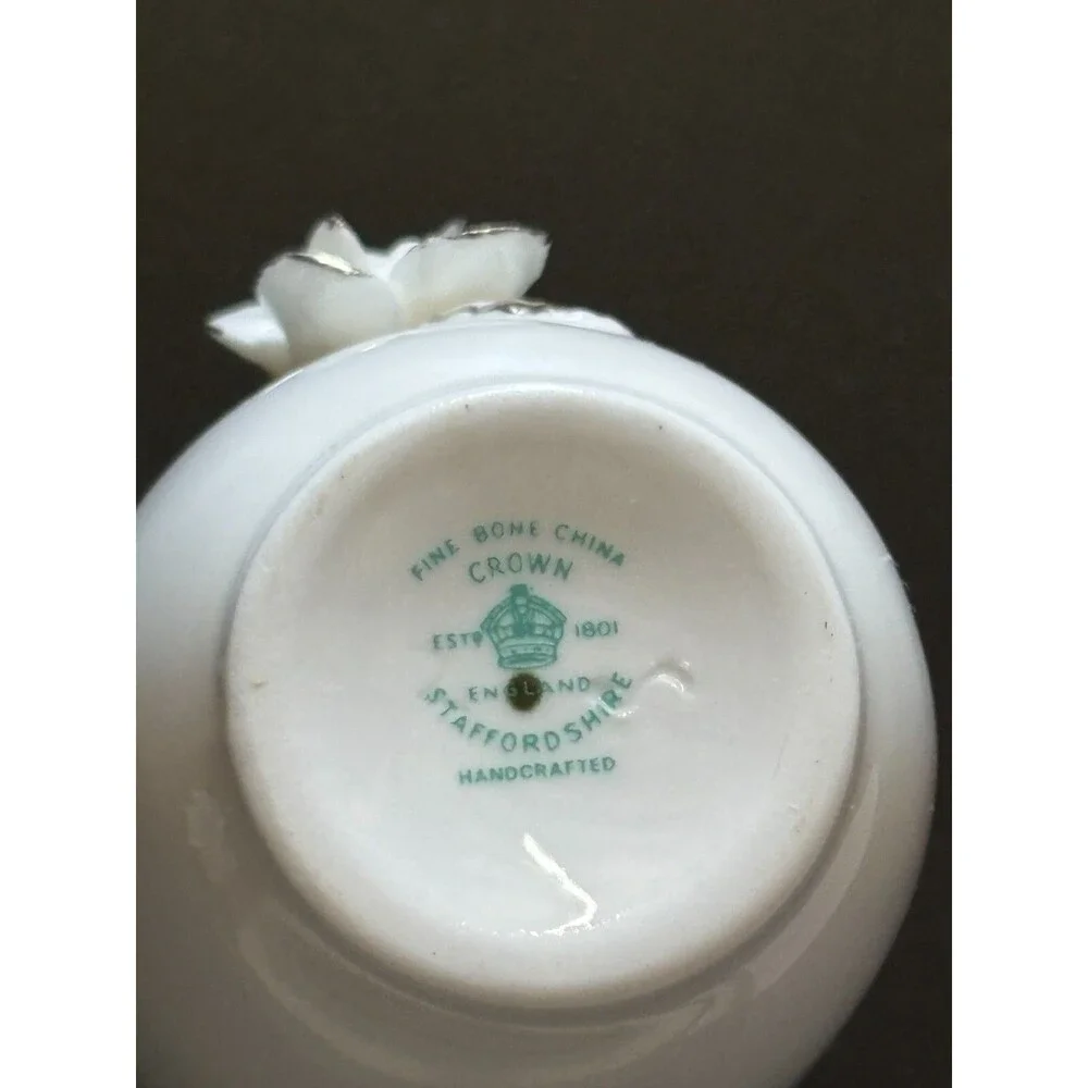 CROWN STAFFORSHIRE Bud Vase White Silver Trim Rose Floral Fine Bone China 2
